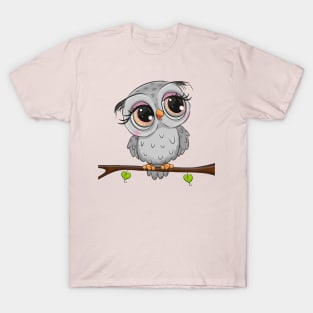 Cute grey owl sitting on a branch T-Shirt